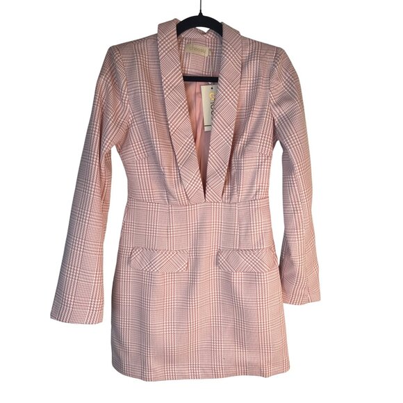 NWT Choosy 4 Pink Plaid Long Sleeve Blazer Dress With Deep V Neckline - Picture 4 of 14
